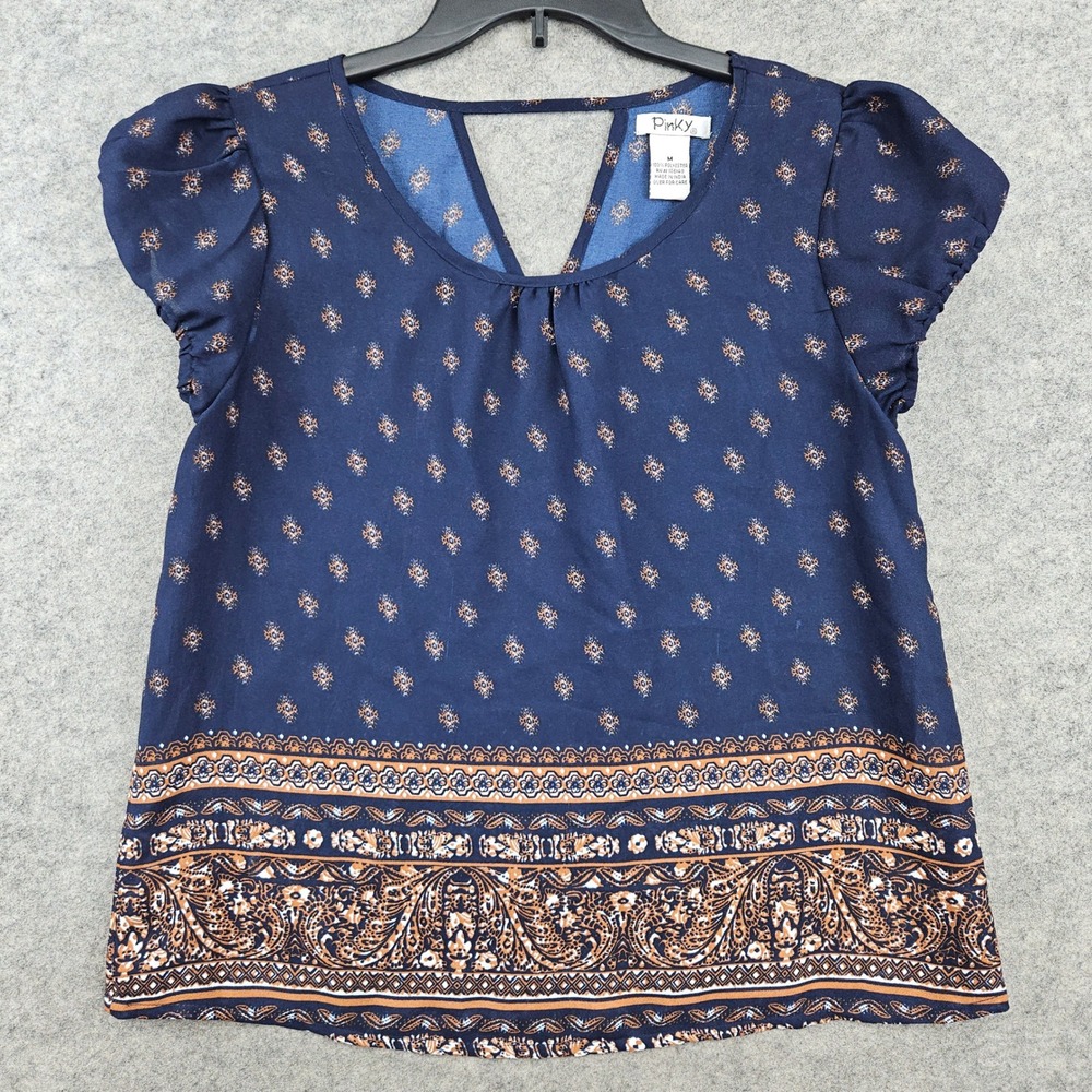 Pinky Blouse Women's Medium Blue Short Puff Sleeve Paisley Print Cutout Back